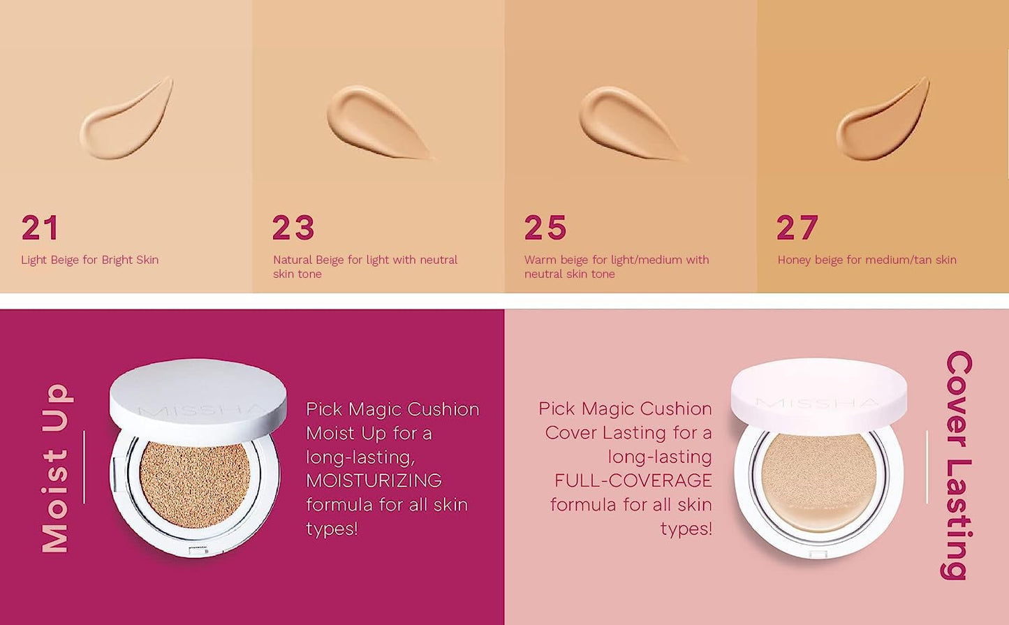MISSHA - Magic Cushion Cover Lasting Foundation SPF50+/PA+++, 23 Natural Beige 15 g - PIBU 피부