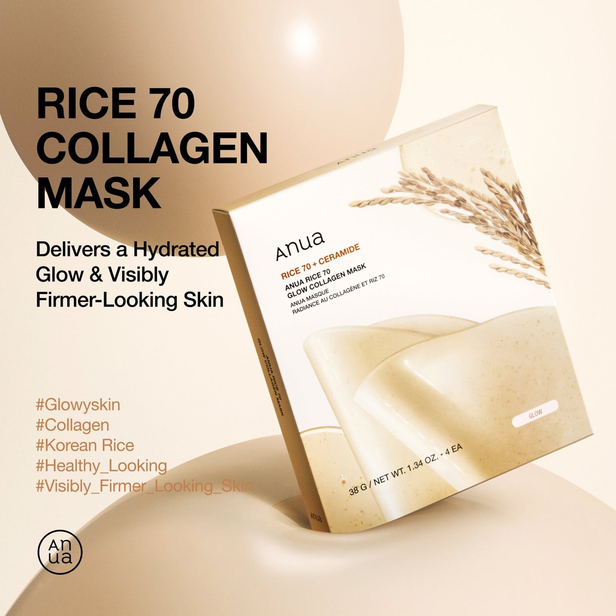 Anua - Rice 70 Glow Collagen Mask - 4 masques