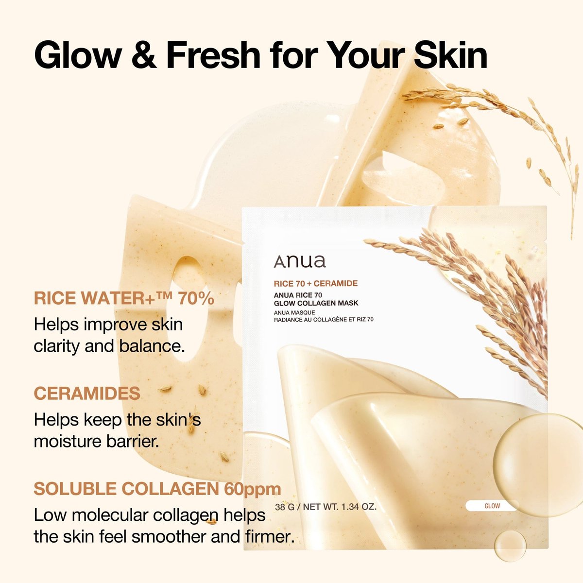 Anua - Rice 70 Glow Collagen Mask - 4 masques